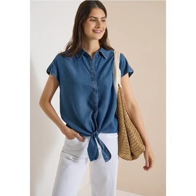 Overhemdblouse met afhangende schouders in denimlook