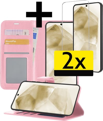 Hoesje - Met 2x Screenprotector - Geschikt voor Samsung Galaxy A55 - Luxe Pasjeshouder - Bookcase Portemonee - Flip Case - Kunstleer Book Case - Flipcase Hoes - Book Cover - Walletcase - Portemonneehoes - Telefoonhoesjes - Lichtroze