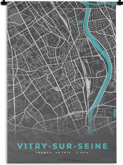 Wandkleed - Wanddoek - Vitry-sur-Seine - Frankrijk - Plattegrond - Kaart - Stadskaart - 120x180 cm - Wandtapijt