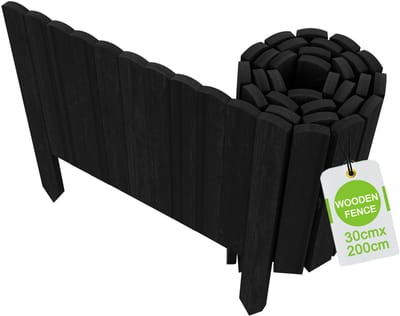200x30cm Houten Gazonrand, Bedrand, Maairand Rollborder, Bedrand met Pinnen, Palissaderolset, Decoratief Tuinhek voor Tuingrens/Patio/Bloembed (Antraciet) NAIZY