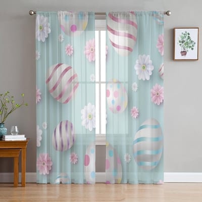 Paasei Bloemen Zijn Roze Blauw Tule Gordijnen Voor Woonkamer Slaapkamer Voile Transparant Gordijn Raam Woondecoratie Drapes 135W x 114H(cm) gray