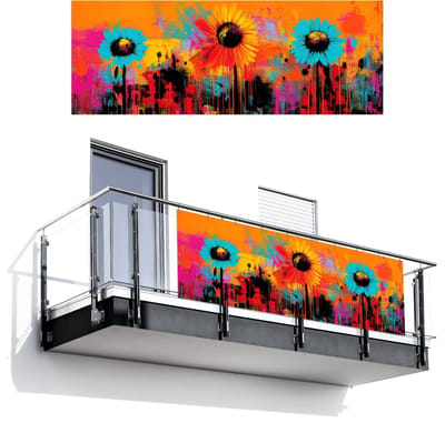 Balkonscherm 300x110 cm - Balkonposter Zonnebloemen - Abstract - Oranje - Balkon scherm decoratie - Balkonschermen - Balkondoek zonnescherm