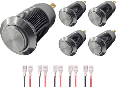 ProRide Mini Drukschakelaar ON-OFF - 12mm Metaal - 12V/24V - Bolle Knop - Met Kabels - Zilver - 5 stuks