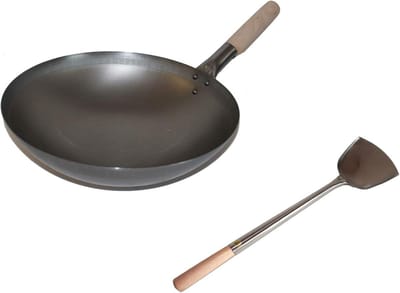 Wokset 33 cm pan koolstofstaal inductie gas rond bodem + spatel roestvrij staal hout handvat