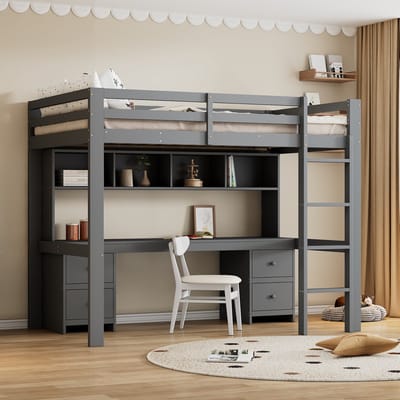 MEUNIQ Hoogslaper 90x200 cm met bureau, 4 lades en 4 opbergvakken, kinderbed met ladder en hoge uitvalbeveiliging voor kinderkamer, grijs