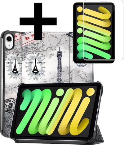 Hoes - Geschikt voor Apple iPad Mini 7 (2024) - 8.3 inch - 7e Generatie - Met Screenprotector - Trifold Bookcase - Hard Cover - Hardcover Book Case - Tablet Hoesje - Eiffeltoren