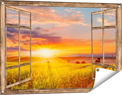 Gards Tuinposter Doorkijk Zonsopgang op het Ma�sveld - 90x60 cm - Tuindoek - Tuindecoratie - Wanddecoratie buiten - Tuinschilderij
