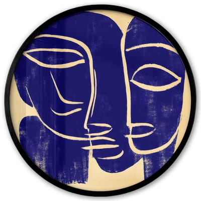 Poster in lijst Rond - Fotolijst 40x40 cm - Posters - Okergeel - Blauw - Eenvoudige lijnen - Ronde posterlijst zwart - Decoratie - Wanddecoratie woonkamer - Muurdecoratie slaapkamer