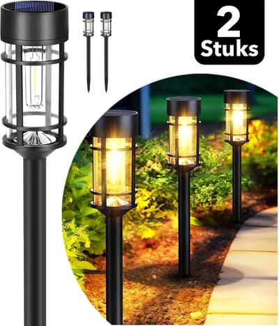Webzon - Solar Tuinverlichting Set van 2 (7x46 cm) - Solar Priklamp op Zonne-energie - Filament LED Warm Wit - 8–10 uur gebruikstijd - Buitenlamp / Tuinlamp / Padverlichting - Lantaarn voor buiten - IP65 Waterdicht - Zwart