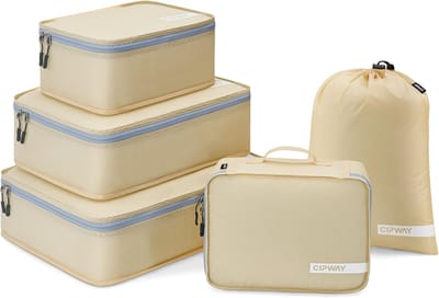 Thijox - Ultralichte Packing Cubes Set van 5, Beige Reisorganizers voor Handbagage, Uitbreidbare Koffers, Perfect voor Vakantie, Weekendje Weg en Camp