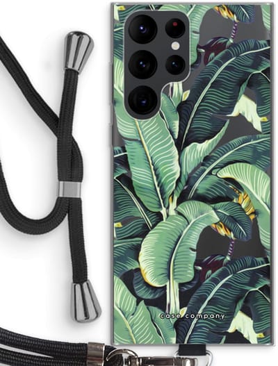 Hoesje met koord geschikt voor Samsung Galaxy S22 Ultra hoesje met Koord - Bananenbladeren - Telefoonhoesje met Zwart Koord - Bescherming aan alle Kanten en Over de Schermrand