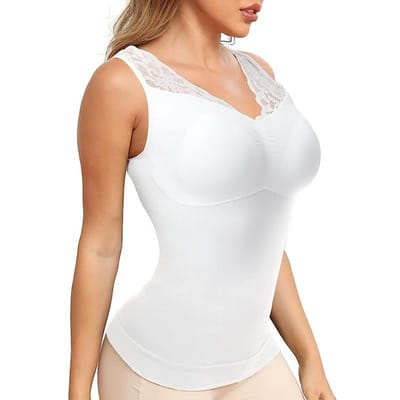 Grote Maat Dames Cami Met Ingebouwde Beha Shapewear Tanktop Buikcontrole Camisole Vetersluiting Slankmakend Compressie Onderhemd Shaper L white