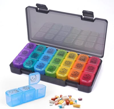 Tabletten Organizer voor een Week met 3 Compartimenten, Kleurige Pillendoos voor Vitaminen en Medicijnen, Grote Capaciteit en 21 Vakken