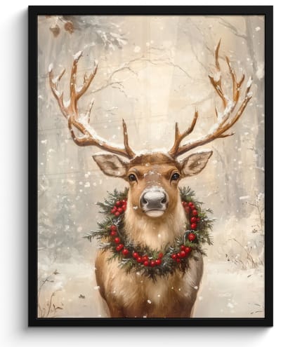 Poster in lijst - Fotolijst 50x70 cm - Posters - Kerst - Rendier - Winter - Krans - Posterlijst zwart - Decoratie - Wanddecoratie woonkamer - Muurdecoratie slaapkamer - Kerstversiering - Kerstdecoratie voor binnen - Kerstmis