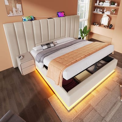 VVBV Gestoffeerd Opbergbed 180x200 cm - LED, USB-C, Hydraulische Opbergruimte, Lattenbodem, Nachtkastje, Linnen - 456B