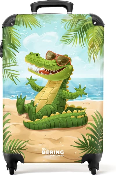 NoBoringSuitcases.com® - Kinderkoffer - Kindertrolley - Krokodil met zonnebril ontspant op het strand - Handbagage koffer lichtgewicht - Reiskoffer trolley - Rolkoffer met wieltjes - Past binnen 55x40x20 en 55x35x25