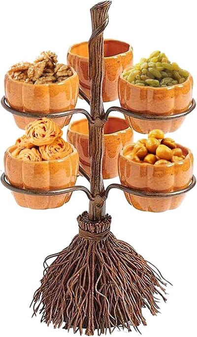 Halloween snackkom - Halloween pompoen snackkom met bezemvormige standaard - snoephouder - fruit - dessert - snackopslag voor Halloween - Kerstmis - theekransjedecoraties
