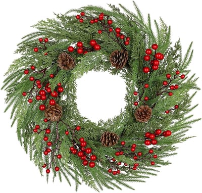 Grote 60 cm Kerstkrans van Norfolk Den met Rode Bessen en Dennenappels voor Binnen en Buiten Decoratie