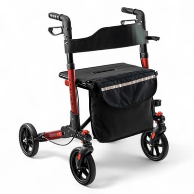 Dubbel opvouwbare rollator Plaza Lite Deluxe - Rood - Lichtgewicht en dubbel opvouwbaar - Zachte banden - Voor binnen en buiten - Incl. stokhouder, tas en rugsteun