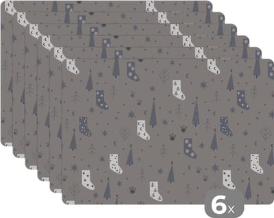 Placemat - Placemats kunststof - Sokken - Patronen - Kerst - 45x30 cm - 6 stuks - Hittebestendig - Anti-Slip - Onderlegger - Afneembaar