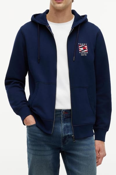 Tommy Hilfiger Flag Embroidery French Terry Zip-thru Hoody Carbon Navy Größe: XL | Kaputzenpullis Outlet | Herren | Blau