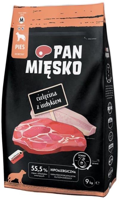 Pan Mięsko - Hondenvoer - Kalfsvlees met Kalkoen - Maat M - 9 kg - Hypoallergeen & Graanvrij - Voor Middelgrote Rassen
