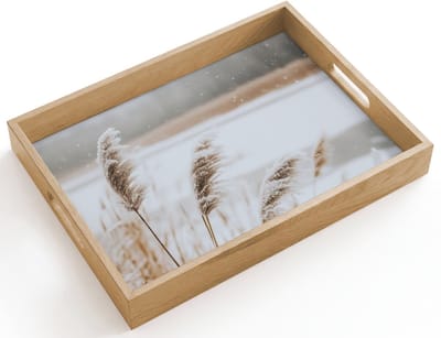 Dienblad hout 40x30 cm - Schootdienblad - Riet - Meer - Winter - Natuur - Sneeuw - Beige - Borrelplank rechthoek - Plateau dienbladen