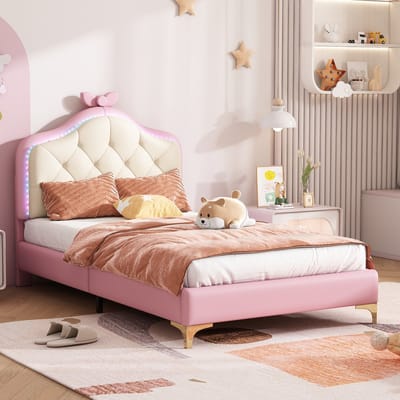 MODENUIT Gestoffeerd Bed 90x200 cm – Golvend Hoofdbord met LED-verlichting – Houten Lattenbodem – Zonder matras – Roze/Wit