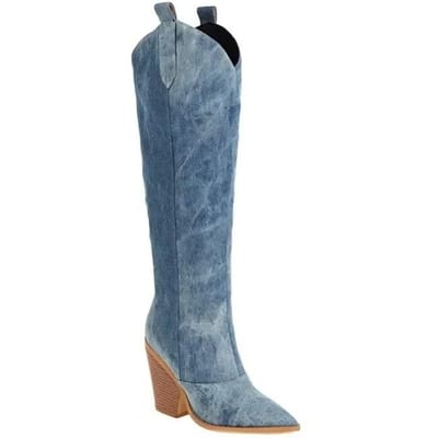 Dames Cowboy Laarzen Kniehoogte Vrouwelijke Puntige Laarzen Dikke Hakken Herfst Winter Mode Casual Schoenen Grote Maat 43 34 gray
