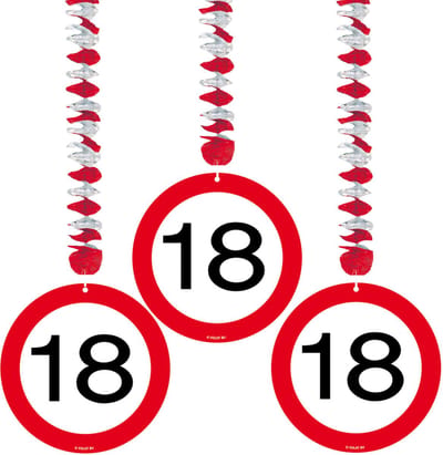 18 jaar Rotorspiralen - 3x stuks - verjaardag versiering plafond - verkeersborden
