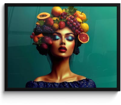 Poster in lijst - Fotolijst 70x50 cm - Posters - Vrouw - Hoodtooi - Tropisch - Fruit - Druiven - Posterlijst zwart - Decoratie - Wanddecoratie woonkamer - Muurdecoratie slaapkamer