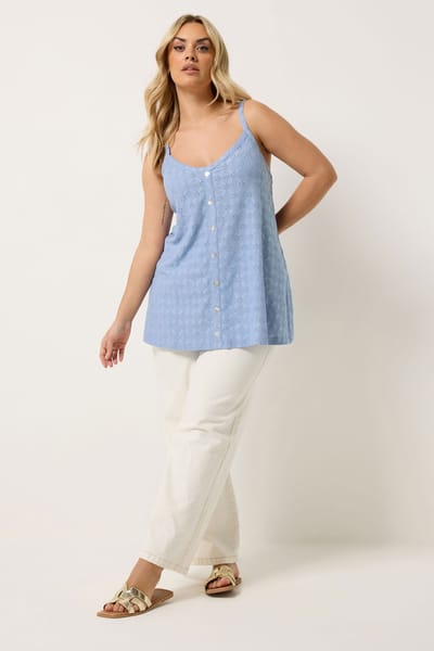 Yours Blauwe Mouwloze Top Met Broderie Anglaise Size 48