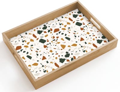 Dienblad hout 40x30 cm - Schootdienblad - Terrazzo - Patroon - Wit - Terra - Borrelplank rechthoek - Plateau dienbladen