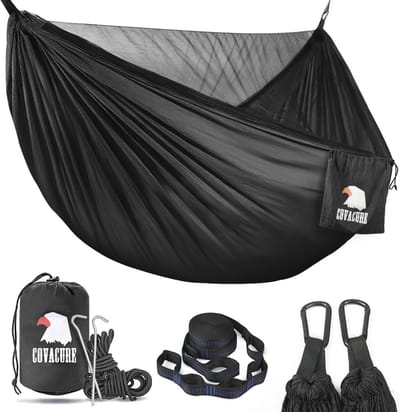 Outdoor Hangmat met Muskietennet Ultralight Ademend Sneldrogend Parachute Nylon Camping Hangmat voor Trekking Reizen Strand Tuin - 350 KG capaciteit - Zwart