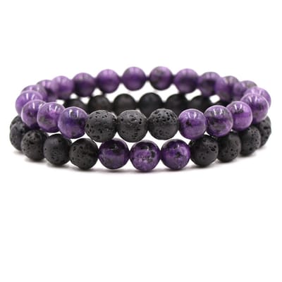 Bixorp Gems Dubbele Natuursteen Armband voor Man & Vrouw - Paars/Zwart contrast - Edelsteen Armband Cadeau - Lavasteen - 18cm