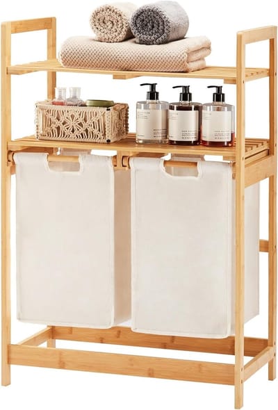 Bamboe Wasmand met 2 Planken en 2 Uittrekbare Waszakken voor Slaapkamer, Badkamer en Keuken, 93 x 64 x 33 cm, Ivoor, Ruimtebesparend en Stijlvol