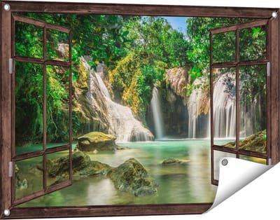 Gards Tuinposter Doorkijk Tropische Waterval - 90x60 cm - Tuindoek - Tuindecoratie - Wanddecoratie buiten - Tuinschilderij