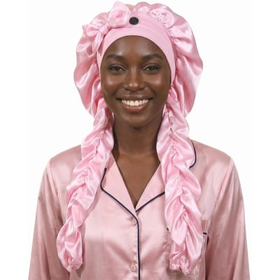 Bonnet en Satin Sans Chaleur Pour Boucler Pendant le Sommeil, Bonnet de Nuit Antidérapant Avec Longues Bandes Bouclantes Pour Tresses & Cheveux Longs