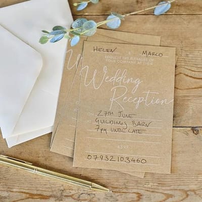 Kraft Card Wedding Reception Invitations - 10 Pack with Envelopes