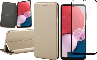 Hoesje geschikt voor Samsung Galaxy A13 4G - Book Case Kunstlederen Wallet Cover Minimalistisch Pasjeshouder Hoes Goud - Full Tempered Glass Screenprotector