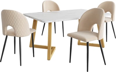 Eettafelset - 1 rechthoekige eettafel met 4 stoelen - beige eetstoelen met rugleuning - verstelbare stoelpoot - gouden tafelpoten