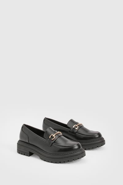 boohoo Dames Chunky Bar Trim Loafers | Black | Maat: 5