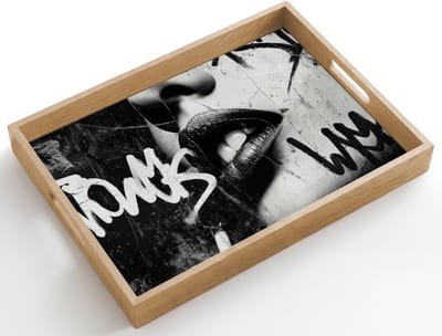 Dienblad hout 50x35 cm - Schootdienblad - Gezicht - Mond - Graffiti - Zwart - Borrelplank rechthoek - Plateau dienbladen