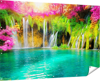 Gards Tuinposter Waterval met Roze en Groene Bloemen - 180x120 cm - Tuindoek - Tuindecoratie - Wanddecoratie buiten - Tuinschilderij