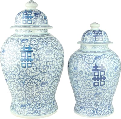 Fine Asianliving Chinese Gemberpot Happiness Handgeschilderd Blauw-Wit D24xH42cm