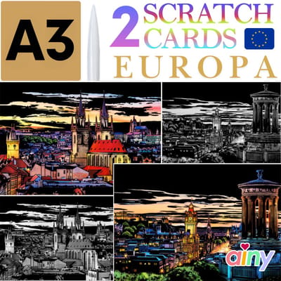 Ainy - Scratch Art Europa | Schotland & Tsjechië (A3) | 2 krastekeningen inclusief kraspen | Kras tekeningen | Schilderen op kleuren kunst kraskaart | hobby & creatief voor volwassenen en kinderen | Knutselen - ontspanningspakket