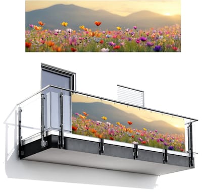 Balkonscherm 300x100 cm - Balkonposter Bloemenveld - Bergen - Zonlicht - Bloemen - Balkon scherm decoratie - Balkonschermen - Balkondoek zonnescherm