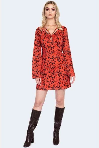 Voodoo Vixen - 60s Bleeding Hearts Print Flare Sleeve Mini jurk - M - Oranje