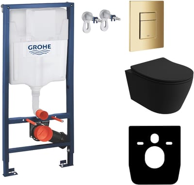 Inbouwreservoir Complete Toiletset Grohe Solido 39069000 - Inbouw WC Hangtoilet Wandcloset Praia Black Zwart Mat - Bedieningsplaat Skate Cosmopolitan 38732GL0 Gouden - Voorwandelement