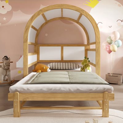 Wishdor Dagbed 140x200 cm – Uitschuifbaar & Huisvorm met Dak – Grenen/MDF Wit/Naturel – Uitschuifbaar Dagbed in Huisvorm